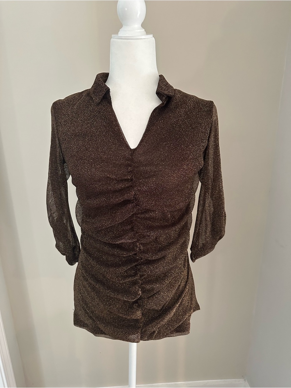 Willi Smith Brown Shimmery Ruched V-Neck Long Sleeve Top